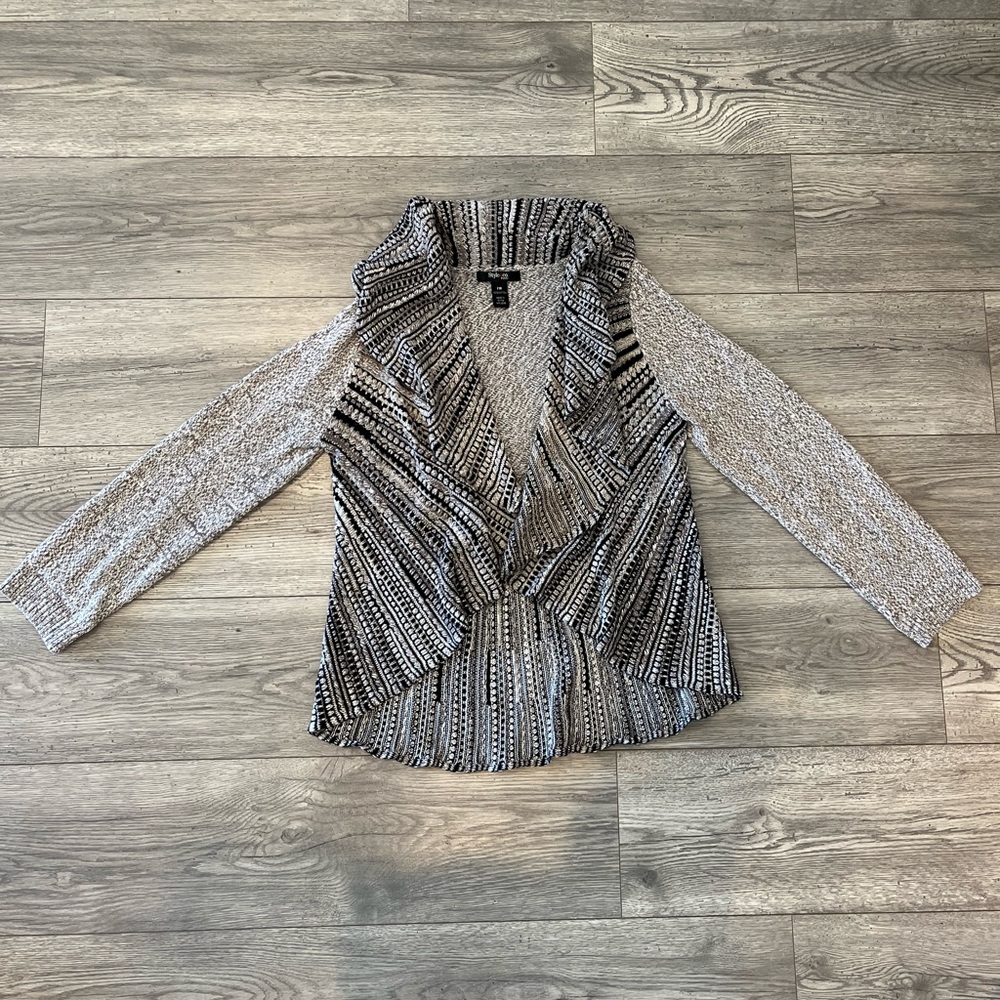 Style & Co Women’s High Low Oval Ruffle Hem Cardigan Gray Black Petite Medium